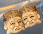 Vintage Screw-back Earrings . Carved Japanese Happy face Jewelry . Sterling Silver Earrings . Asian Oriental Jewelry