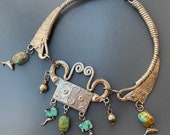 MASSIVE Vintage Egyptian Revival Necklace .Silver Turquoise Bib Torque Necklace . Art Deco Egyptian Jewelry