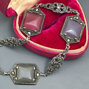 Vintage Art Deco Bracelet . Agate . Sterling silver . German Art Deco Jewelry