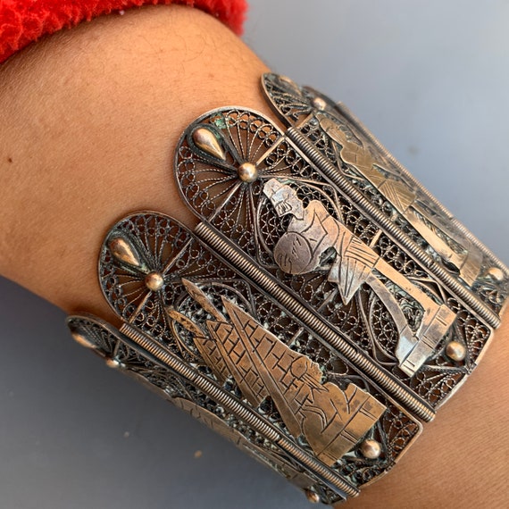 WIDE Vintage Silver Filigree Bracelet .Egyptian R… - image 8