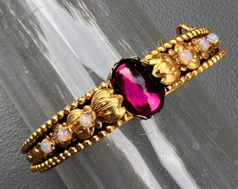 Vintage Victorian Rev Bangle . Hinged bangle . Gold plated Opal Amethyst Glass Jewelry