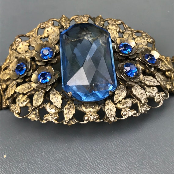 WIDE Art Deco  Bracelet  . Sapphire Glass . Costu… - image 5