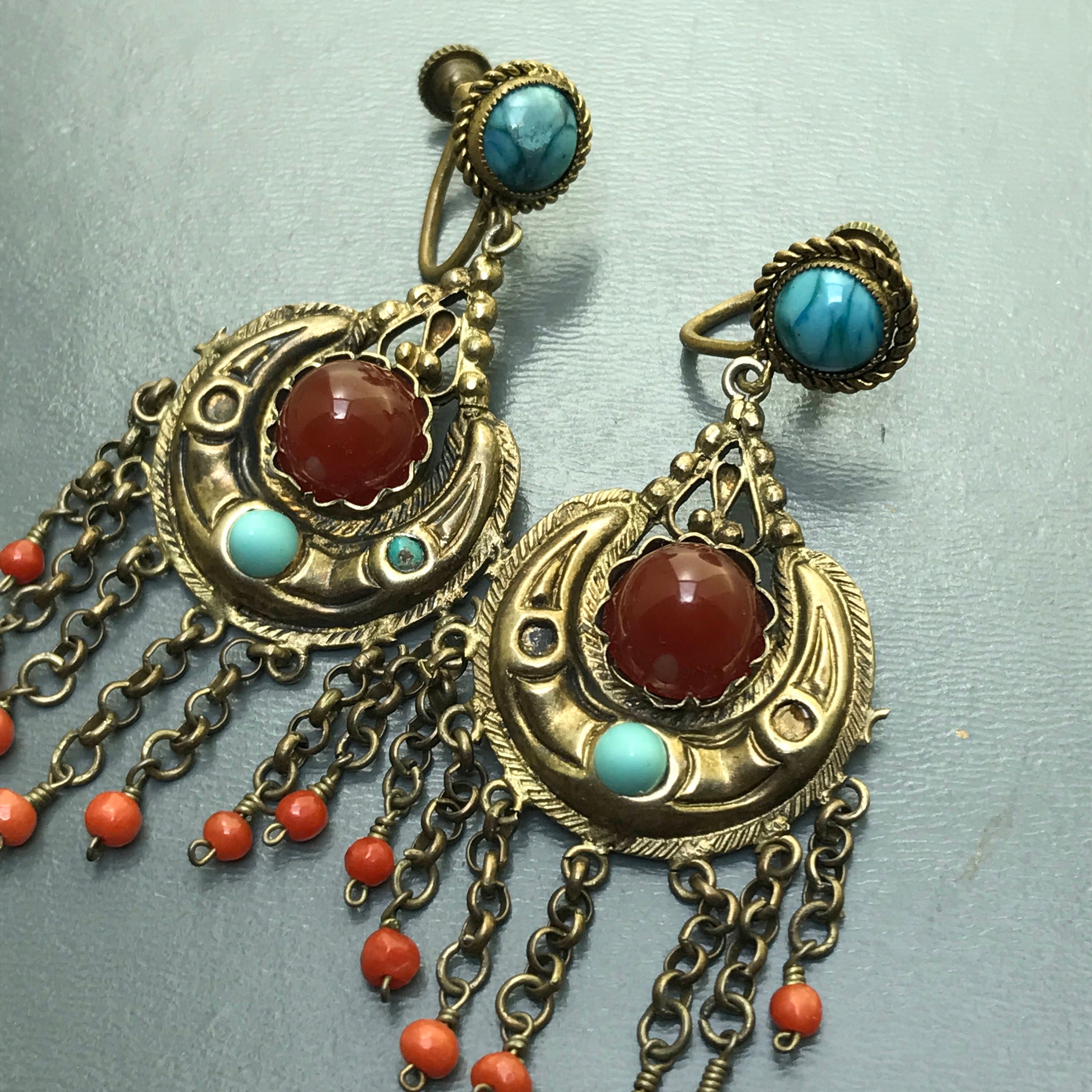 Antique Victorian Dangle Earrings . Gold gilt . Glass . Etsy