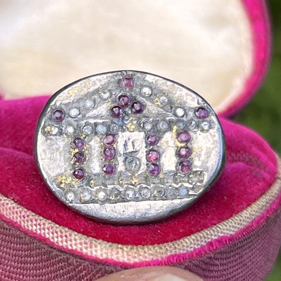 Rare Antique Greek Silver Diamond Rubies Ring . G… - image 1