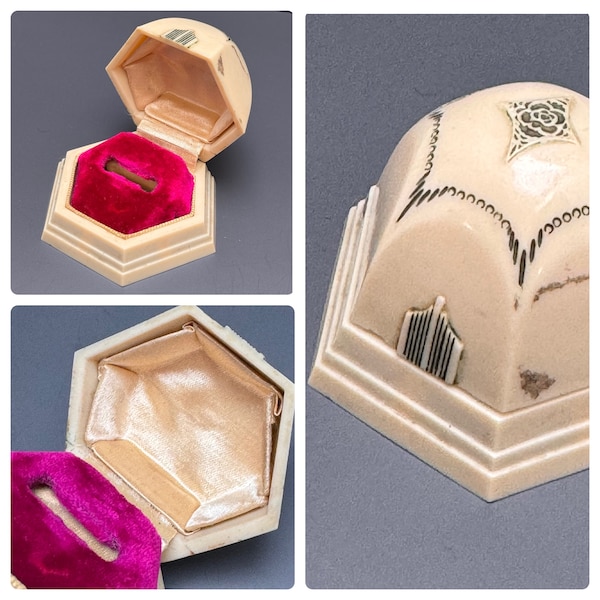 Art Deco Cream Celluloid Hot pink  Velvet Lining Hexagon presentation Ring Box