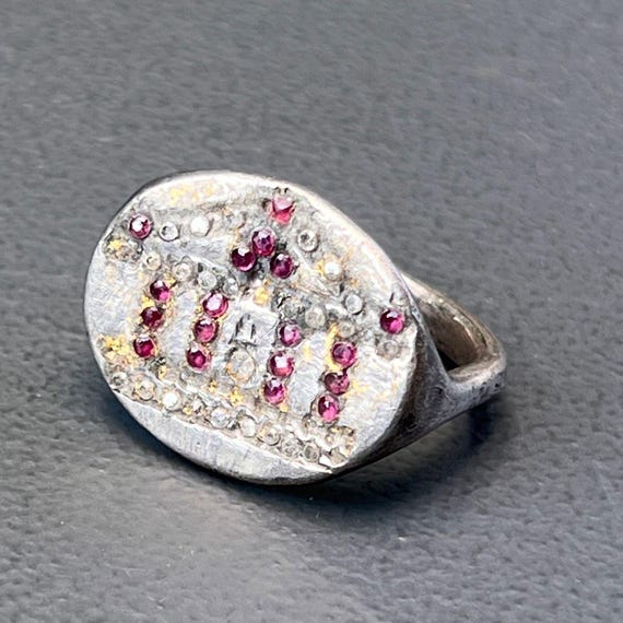 Rare Antique Greek Silver Diamond Rubies Ring . G… - image 4