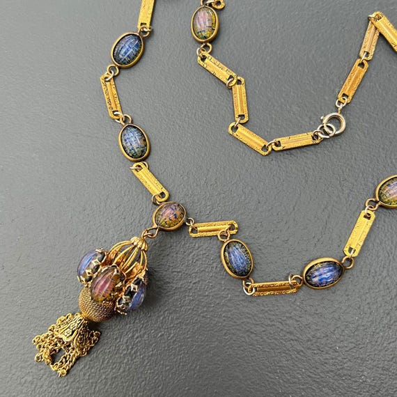Large Vintage Victorian Revival Gold Plated Jeweled Fob  Vintage Victorian Revival Charm Necklace Gold Tone Portrait Tassel main image 0