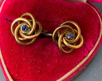 Antique  Victorian Love Knot Earrings . Gold Earrings  .Blue Paste , Screw back Stud Earrings . Antique Victorian Jewelry