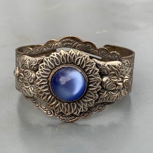 Vintage Victorian Revival Silver Plated Sapphire Glass Cuff Bracelet . Bangle