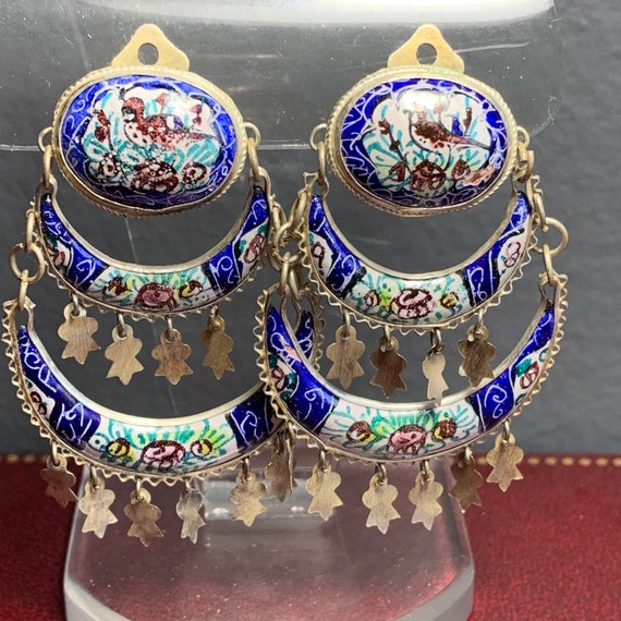 Vintage Dangle Clip-on earrings . Persian Enamel