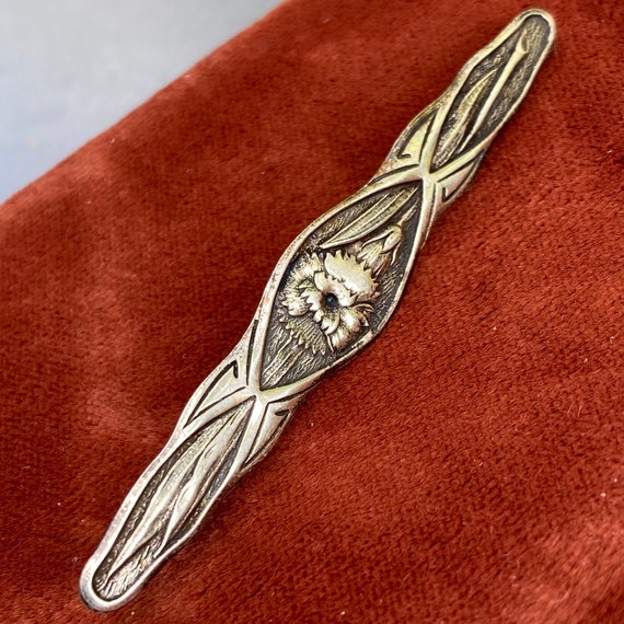 Antique Silver Bar Pin . Art Nouveau Floral Silve… - image 1