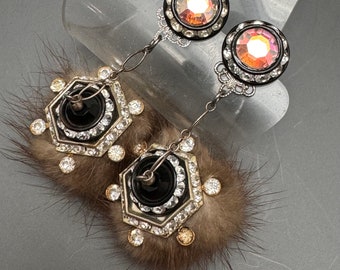 Mod Modern  Faux Fur Pom Pom Rhinestones Glass Day Night Earrings