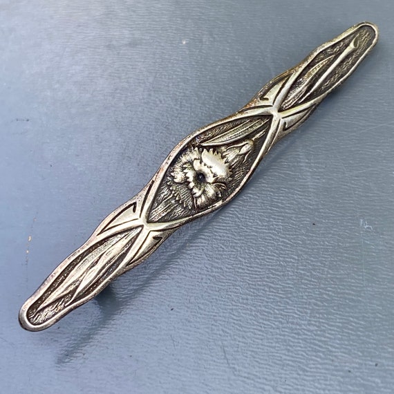 Antique Silver Bar Pin . Art Nouveau Floral Silve… - image 2