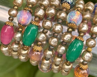 Long Art Deco Venetian Murano fiery foil glass Faux Pearl beaded Necklace 60"L