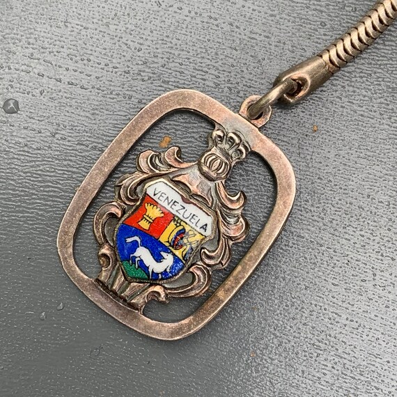 Vintage Silver Enamel Travel Shield  Key Chain  .… - image 4