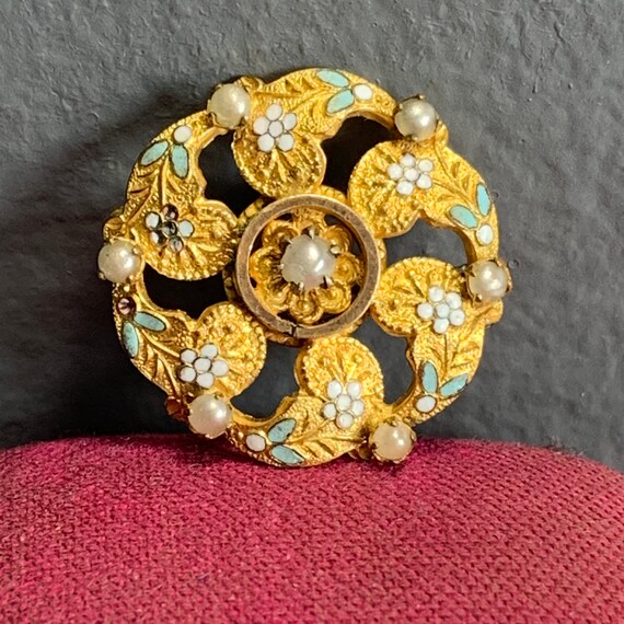 Art Nouveau Broach - Gold Fill Enamel Pin Brooch,