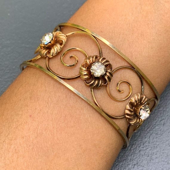 Wide Vintage Gold Fill GF  Scroll   Flower Cuff br