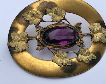 Art Nouveau Sash Pin Brooch  , Autumn  leaf  design , Amethyst Glass costume Victorian  Jewelry