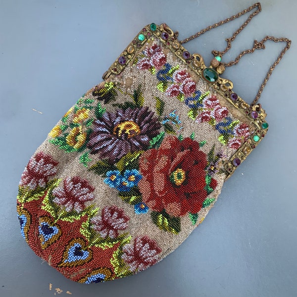 Antique  Austro Hungarian Beaded Purse with  Jeweled Frame SOLD ASIS