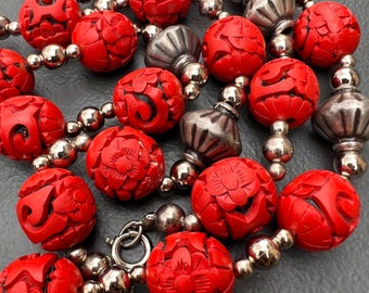 Vintage Chinese  Carved Cinnabar Beaded  Necklace . Costume Jewelry