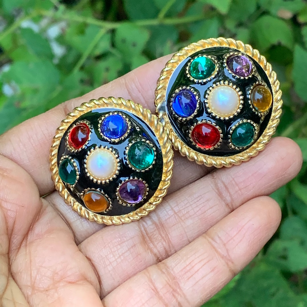 Vintage Massive Byzantine Style Jeweled Clip-on Earrings . 
