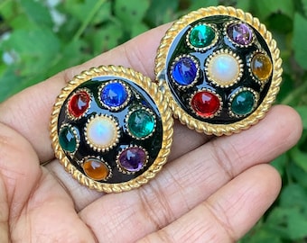 Vintage Massive Byzantine Style Jeweled Clip-on Earrings . Costume Jewelry