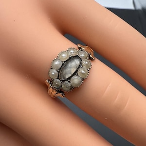 Antique Georgian Solid 15kt Gold, Hair and Pearl Mourning Ring Sz