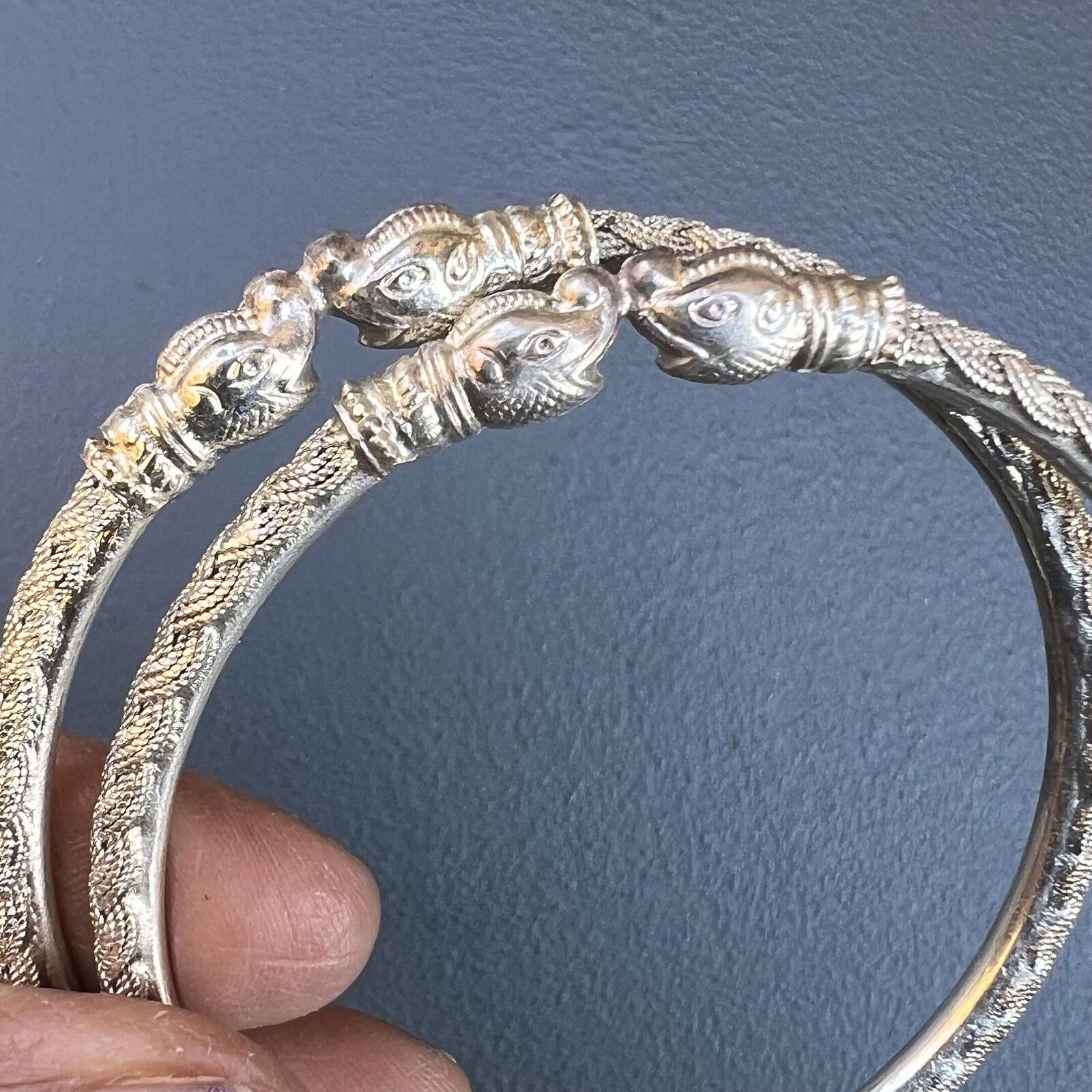 Vintage Tribal Sterling Silver Elephant Head End Bangle Pair