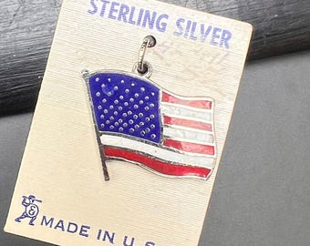 Collier Pendentif Drapeau Américain En Argent Sterling 925 - Vintage Italie, Longueur 18 Pouces