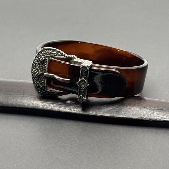 925 Sterling Silver Art Deco Style Lucite Belt Buckle Bangle