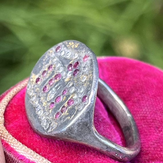 Rare Antique Greek Silver Diamond Rubies Ring . G… - image 7