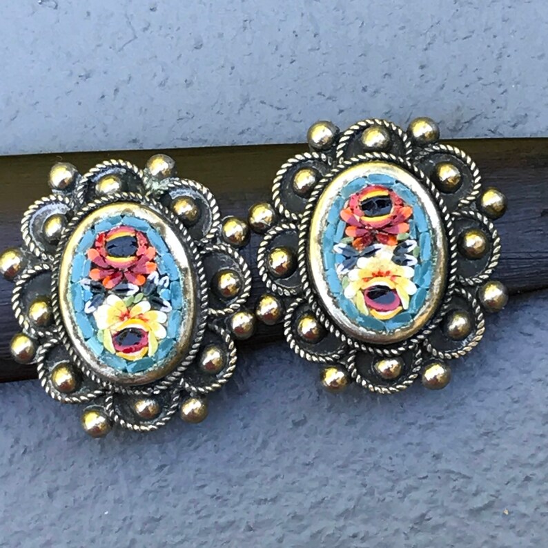 Vintage Micro Mosaic Earrings Victorian revival jewelry Clip on earrings