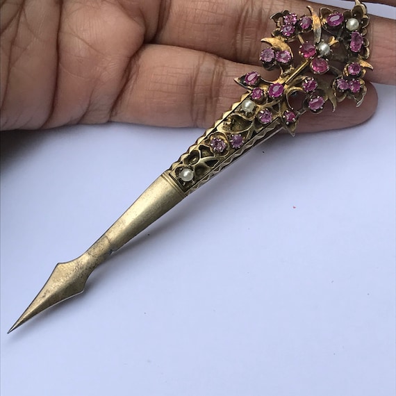 Antique Victorian Pin brooch , Silver Gilt Ruby ,