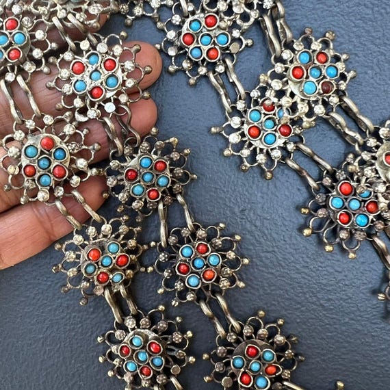 Vintage Middle Eastern Silver Tone Turquoise Coral Glass 