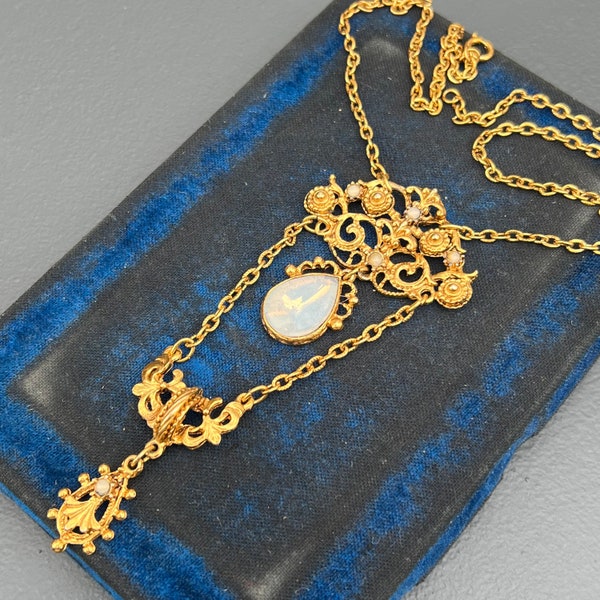 Vintage Victorian  Etruscan  Revival Faux Moonstones glass Pendant Necklace  . Unsigned Goldette Jewelry