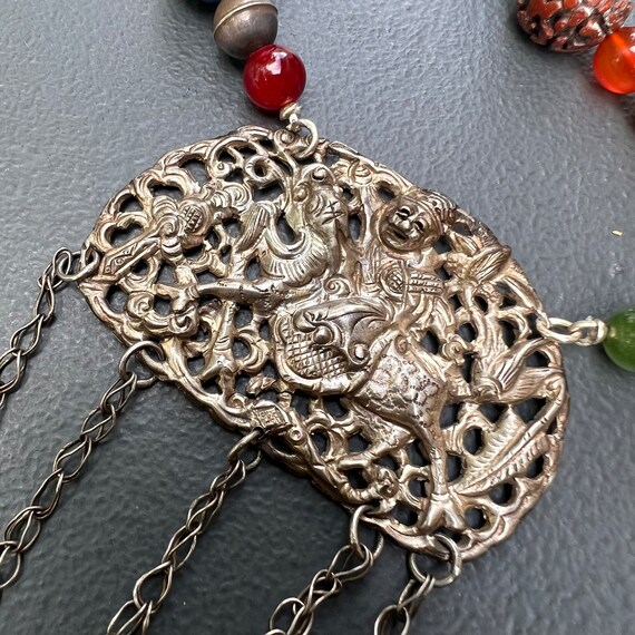 Old  Chinese Silver Pendant beaded long Necklace … - image 5