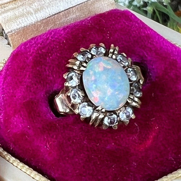 Vintage Signed PSCO 10kt solid gold Australian opal white Sapphire Cocktail  Ring . Mid Century Fine Jewelry Sz 7