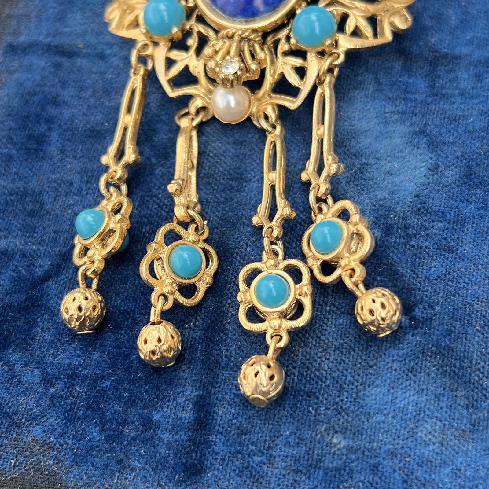 Broche Vintage Revival Feuille De Chêne Turquoise Et Strass Bleu - Alliage Doré, Occasion, Style Victorien - Pièce Unique De Collection