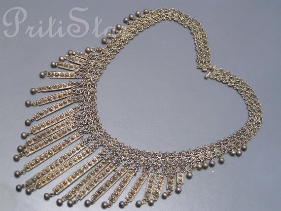 Vintage Silver Bib Necklace . Tribal Necklace . E