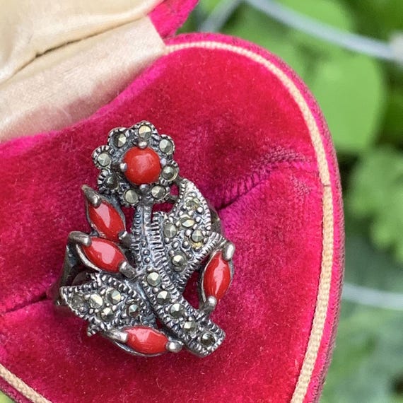 Vintage Sterling Silver Marcasite Coral glass Floral Ring . Sterling silver jew