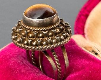 Old Strait Chinese gold gilt silver Tiger eye cocktail ring Oriental Jewelry