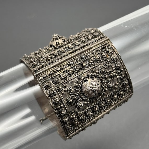 Wide Handmade 900 Turkish Silver Filigree Bracelet Bangle Etruscan