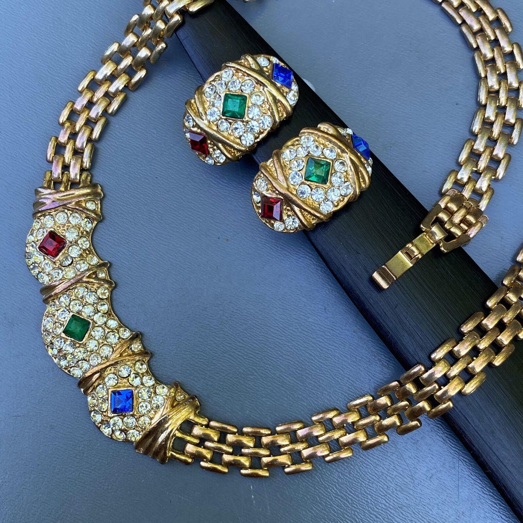 Vintage Byzantine Choker Necklace , Clip-on Earrings