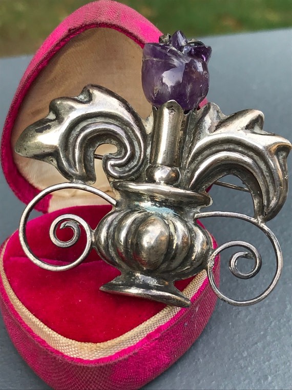 Early Taxco Mexican Silver Carved Amethyst Brooch 