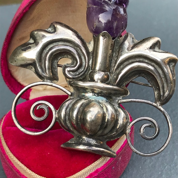 Early Taxco Mexican Silver Carved Amethyst Brooch . Mexican Silver Jewelry