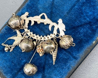 Old Silver Charm Fruit Chatelaine Brazil Penca de Balangandan Pin Brooch