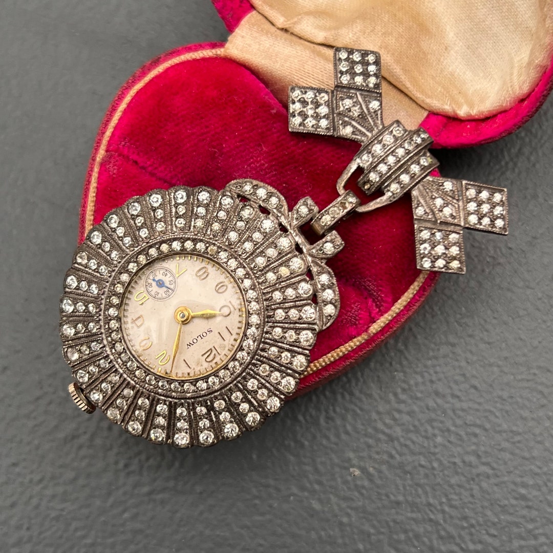 Vintage Art Deco Pin . Brooch . Watch . Sterling Marcasite Lapel Watch