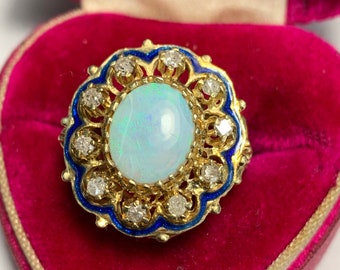 Vintage Opal Diamond Enamel 14kt Gold Ring . Victorian Revival Jewelry