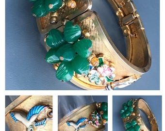 WIDE Vintage Hinged Bangle . Enamel Birds . Costume jewelry