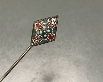 Antique  Stick pin . Micro Mosaic   . Old  silver jewelry